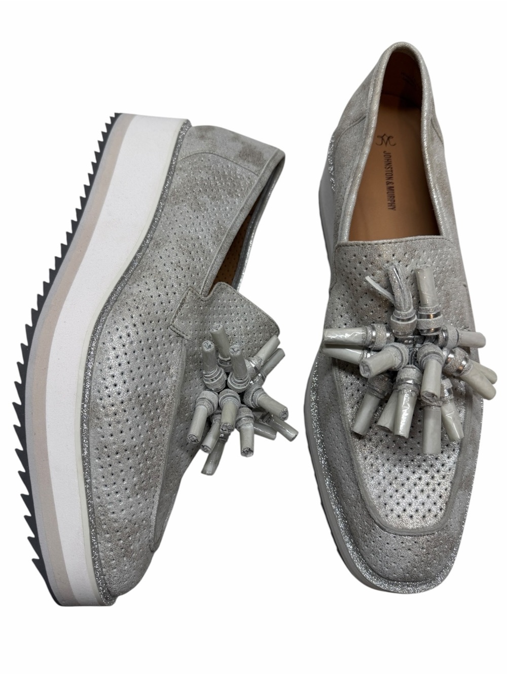 NEW Johnston & Murphy Gracelyn Tassel Loafers silver metallic platform wedge 11